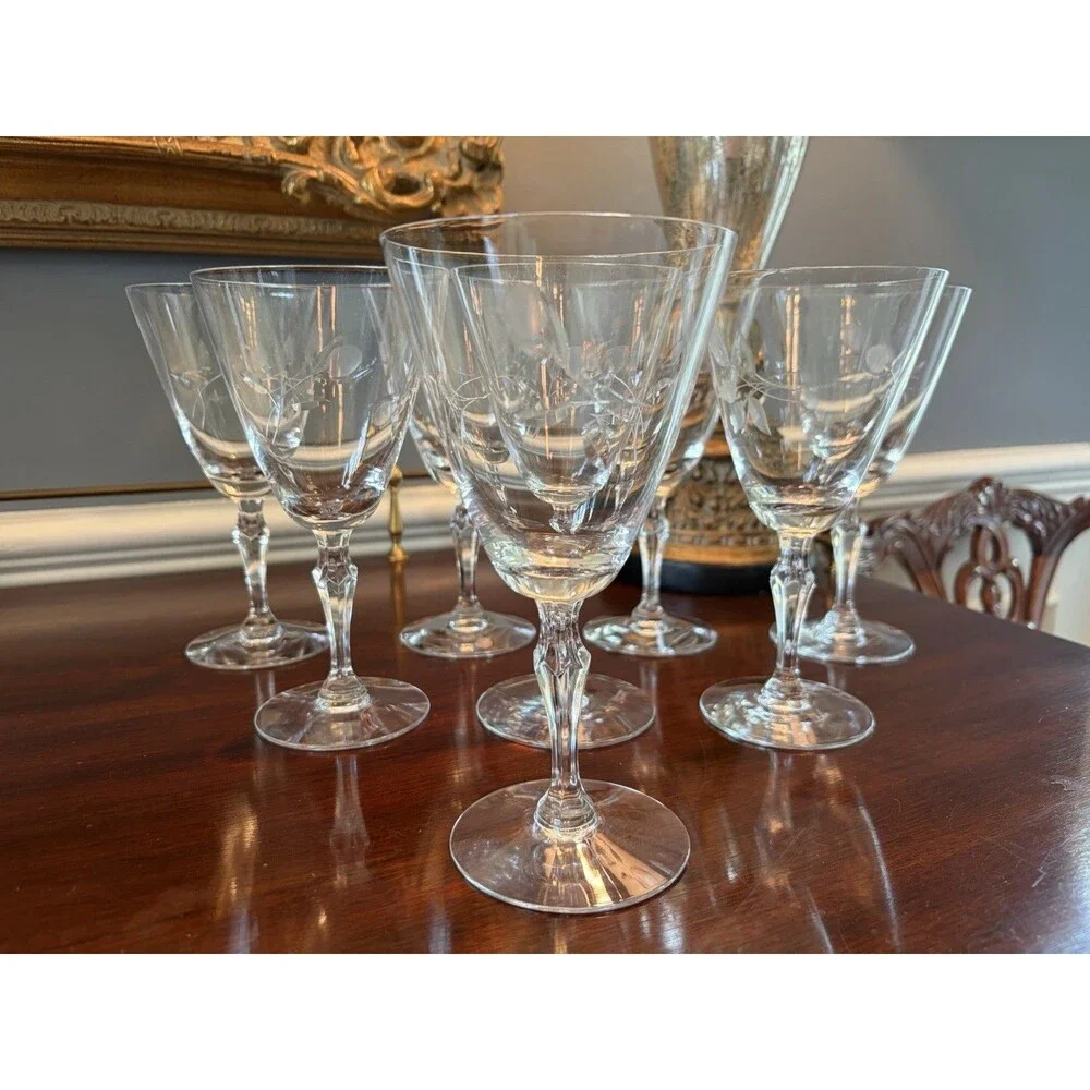 8 Vintage Signed Fostoria Sweetheart Rose Crystal Water Goblets Glasses 7
